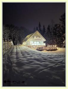Una casa en la nieve por la noche con luces en William Willa en Otepää
