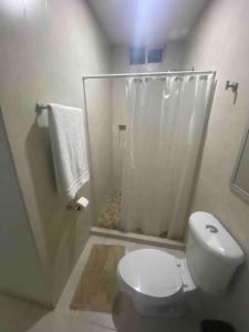 シウダー・バージェスにあるCasa Orizabaの白いバスルーム(トイレ、シャワー付)