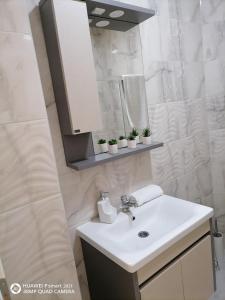 a bathroom with a white sink and a mirror at Apartman SATO in Brčko +25 photos