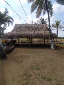 a hut with a straw roof and palm trees at Hostal torres del caribe in San Bernardo del Viento
