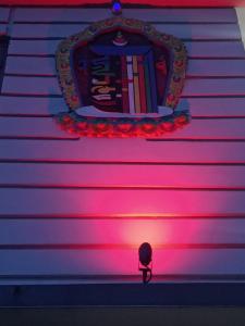 DENZONG HOMESTAY Lhadinkyu في Temi: شخص يقف أمام جدار مع ضوء وردي