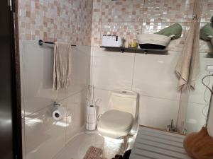a small bathroom with a toilet and a shower at Villazul 2 in Poás