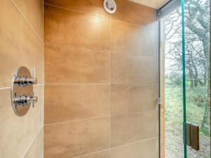 baño con ducha y puerta de cristal en The Treehouse Caerlaverock - Uk45028, en Carsethorn