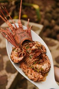 um prato de comida com uma lagosta em Villa Coco em Santa Catalina