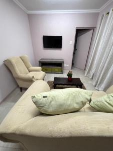 a living room with a couch and two chairs and a tv at Vigne Palm Inn apartment in Gqeberha