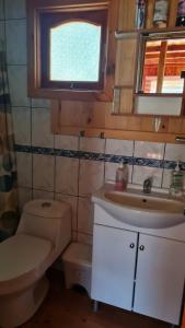 een badkamer met een toilet, een wastafel en een raam bij Coñaripe Kuyen Mapu Cabañas in Coñaripe