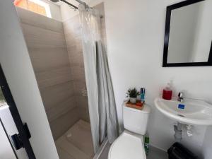 a bathroom with a shower and a toilet and a sink at Epifania Hostel in Cali