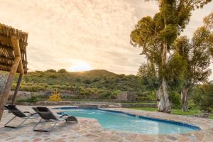 a swimming pool with two chairs and a tree at Ludicks Farm in Montagu