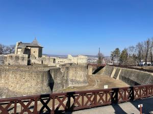 vistas a un castillo con un puente de madera en Alio Room Campulung Moldovenesc, en Câmpulung Moldovenesc