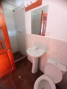 een badkamer met een toilet, een wastafel en een spiegel bij Hospedaje Pinky Lodge in Oxapampa