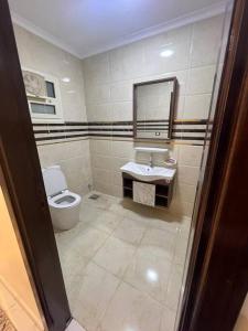 uma casa de banho com um WC, um lavatório e um espelho. em LAYAN LUXURY APARTMENT no Cairo