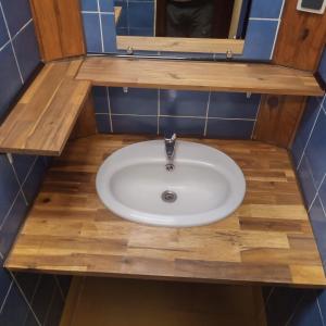 a white sink in a bathroom with a mirror at les lys plaine des cafres in Le Tampon