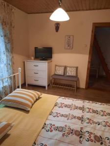 1 dormitorio con 1 cama, vestidor y TV en Casa Maia Dambovicioara, en Dîmbovicioara