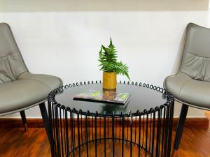 une table avec une plante sur elle entre deux chaises dans l'établissement Brand New Studio w/ Balcony in center of Marina, à Dubaï