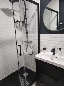 a bathroom with a glass shower and a sink at La maisonnette des hautes granges in Blois