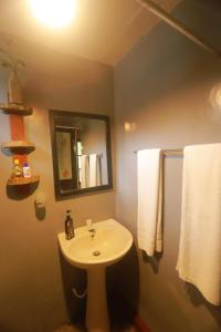 a bathroom with a sink and a mirror and towels at Dinna Nature Hostel in Sigiriya