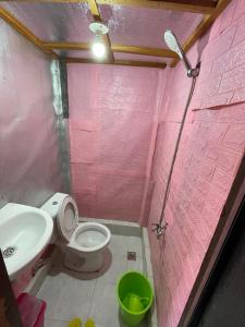 Fely's Homestay في Batuan: حمام وردي مع مرحاض ومغسلة