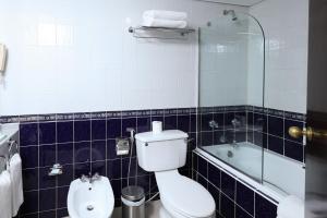 La salle de bains est pourvue de toilettes, d'une baignoire et d'un lavabo. dans l'établissement Aavri Hotel, à Dubaï