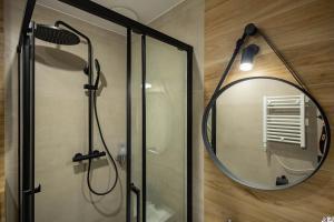 uma casa de banho com um chuveiro e um espelho redondo em Apartamenty Plebańska-Rynek em Gliwice