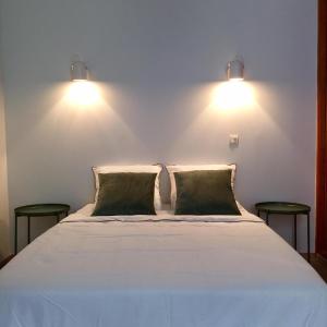 - un lit avec deux oreillers et deux lumières sur le mur dans l'établissement MRTN APARTMENTS Studio & Suites - Aix-les-Bains, hypercentre, à Aix-les-Bains