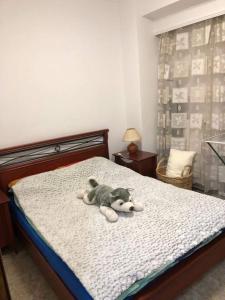 un osito de peluche sobre una cama en Viki’s Appartement near ktel Serron en Serres
