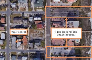 mapa de un aparcamiento con aparcamiento gratuito y acceso a la playa en Be A Nomad l Charming 2 Bed Steps to Beach en Jacksonville Beach
