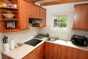 a kitchen with wooden cabinets and a sink and a window at Apartmajske hiške Lubadarček in Podčetrtek