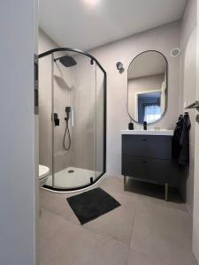 a bathroom with a shower and a sink and a mirror at Central Studio in Pécs