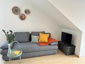 a living room with a gray couch with colorful pillows at DG-Wohnung in Waldkraiburg 50qm in Waldkraiburg