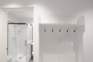 a white bathroom with a shower and a toilet at Casa Nicolasa in Donostia-San Sebastián