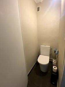 a small bathroom with a toilet in a stall at 2 chambres avec vue sur Lyon in La Mulatière