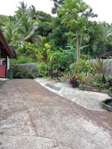 un jardin avec des plantes et des arbres et une allée dans l'établissement Ravehei smile relais 3 Huahine, à Haapu