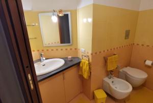 uma casa de banho com um lavatório, um WC e um espelho. em Casa San Brasi di Mariano e Lucia em Acireale
