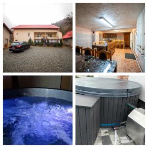 a collage of four pictures of a hot tub at Casa Cosmina Arieseni in Arieşeni