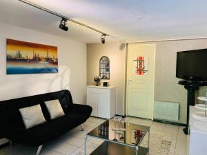 sala de estar con sofá negro y TV en Hameau de la Jonquiere 4, en Lapeyrouse-Fossat