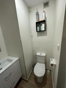 małą łazienkę z toaletą i umywalką w obiekcie Carol California w mieście Chevigny-Saint-Sauveur