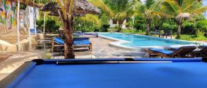 uma mesa de bilhar em frente a uma piscina em Kameleon Blue em Kizimkazi