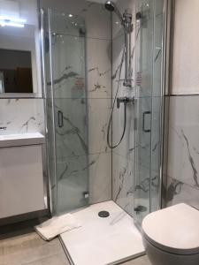 a bathroom with a shower and a toilet at Burghotel Homberg in Homberg +71 photos
