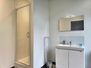 uma casa de banho branca com um lavatório e um espelho em Le Coté Cour - Fibre - Clim - Centre-ville em Albi
