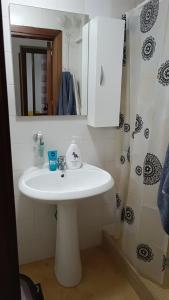 La salle de bains est pourvue d'un lavabo blanc et d'une douche. dans l'établissement NONNA ADRIANA, à Terrasini