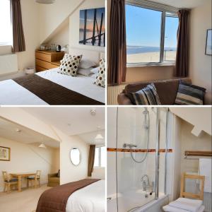 a collage of three pictures of a hotel room at Fron Haul in Aberdyfi
