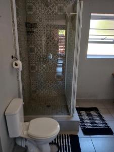 a bathroom with a shower with a toilet and a shower at Mountain view in George