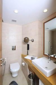a bathroom with a sink and a toilet and a mirror at Hotel Maurya Vihar Bodhgaya in Bodh Gaya