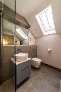 a bathroom with a sink and a toilet and a skylight at Hoglet Cottage in Carlisle