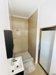 a small bathroom with a sink and a shower at Goldland Apartments Annex in Kitwe