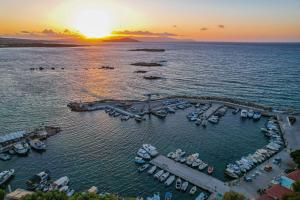 una vista aérea de un puerto deportivo con barcos en el agua en Chania Flair Boutique Hotel, Tapestry Collection by Hilton en La Canea