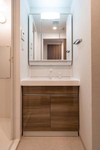 a bathroom with a sink and a mirror at Apartment Hotel 11 Shinsaibashi III in Osaka