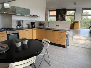 多德雷赫特的住宿－Apartment Lange Geldersekade 3, Dordrecht 80 m2，厨房配有黑色的桌子和椅子