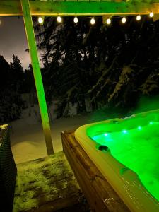 a hot tub with green lighting under a roof at Tammemäe Spa Lodge 