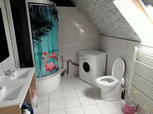 a bathroom with a toilet and a shower curtain at l'arche de noé in Tournay-sur-Odon